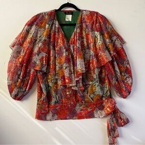 Diane Freis Women’s Vintage Blouse Floral Pleated Sleeves Size  L/XL‎ Metallic